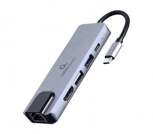 GEMBIRD MULTI ADAPTER USB TYP-C 5W1 (HUB + HDMI + PD + CZYTNIK KART + LAN) SREBRNY
