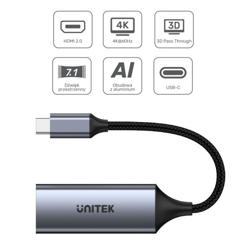 UNITEK ADAPTER USB-C - HDMI 2.0 4K@60HZ, ALU, 15CM