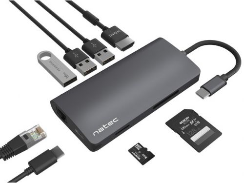 NATEC MULTIPORT FOWLER 2 USB-C PD, 3X USB 3.0, HDMI 4K, RJ45, USB-C, SD, MICRO SD NMP-1773