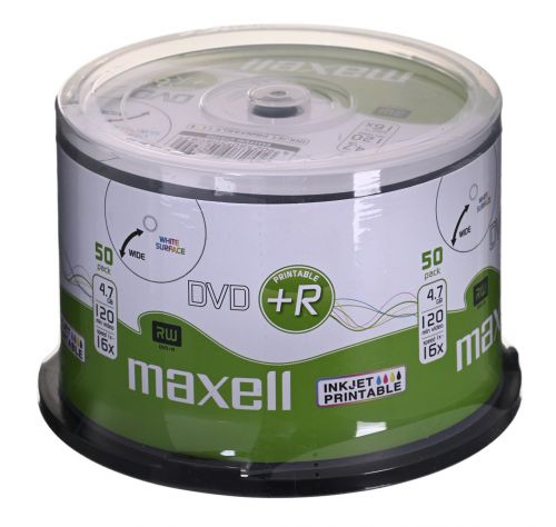 MAXELL DVD+R 4,7GB, 50 szt.  w opakowaniu cake (szpindel). Prędkość zapisu 16X, 120 min.  Płyty do n
