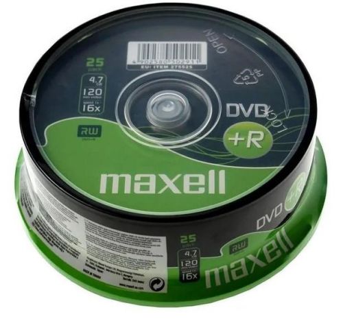 MAXELL DVD+R 4,7GB, 25 szt. w opakowaniu SHRINK. Prędkość zapisu 16X, 120 min. Przeznaczenie nagrywa
