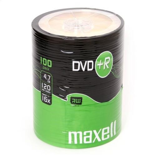 MAXELL DVD+R 4,7GB, 100 szt. w opakowaniu SHRINK. Prędkość zapisu 16X, 120 min. Przeznaczenie nagryw