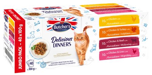 Butcher\'s Delicious Dinners Jumbo Pack, karma dla kota, kawałki z kurczakiem/kurczakiem i indykiem/k