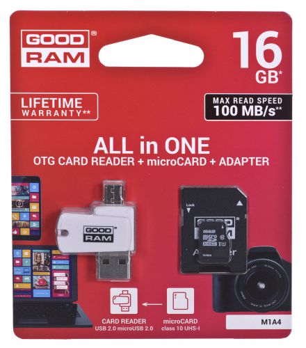 Karta pamięci z adapterem i czytnikiem kart GoodRam All in one M1A4-0160R12 (16GB; Class 10; Adapter